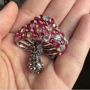 NWOT Pink and Crystal Rhinestone Silver Tone Mushroom Brooch
